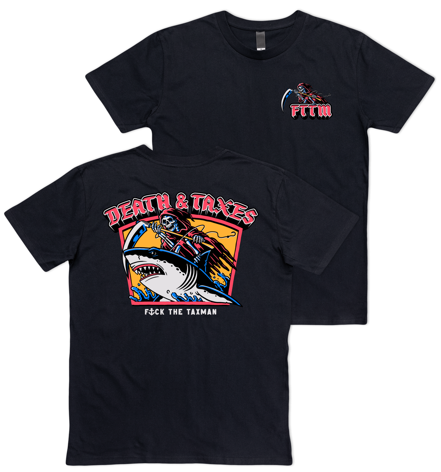Death & Taxes black T-shirt. Death rising shark