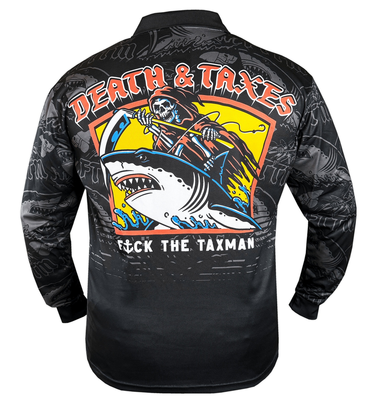 Death & Taxes Fishing Jersey Black. Grim Reaper Riding Shark