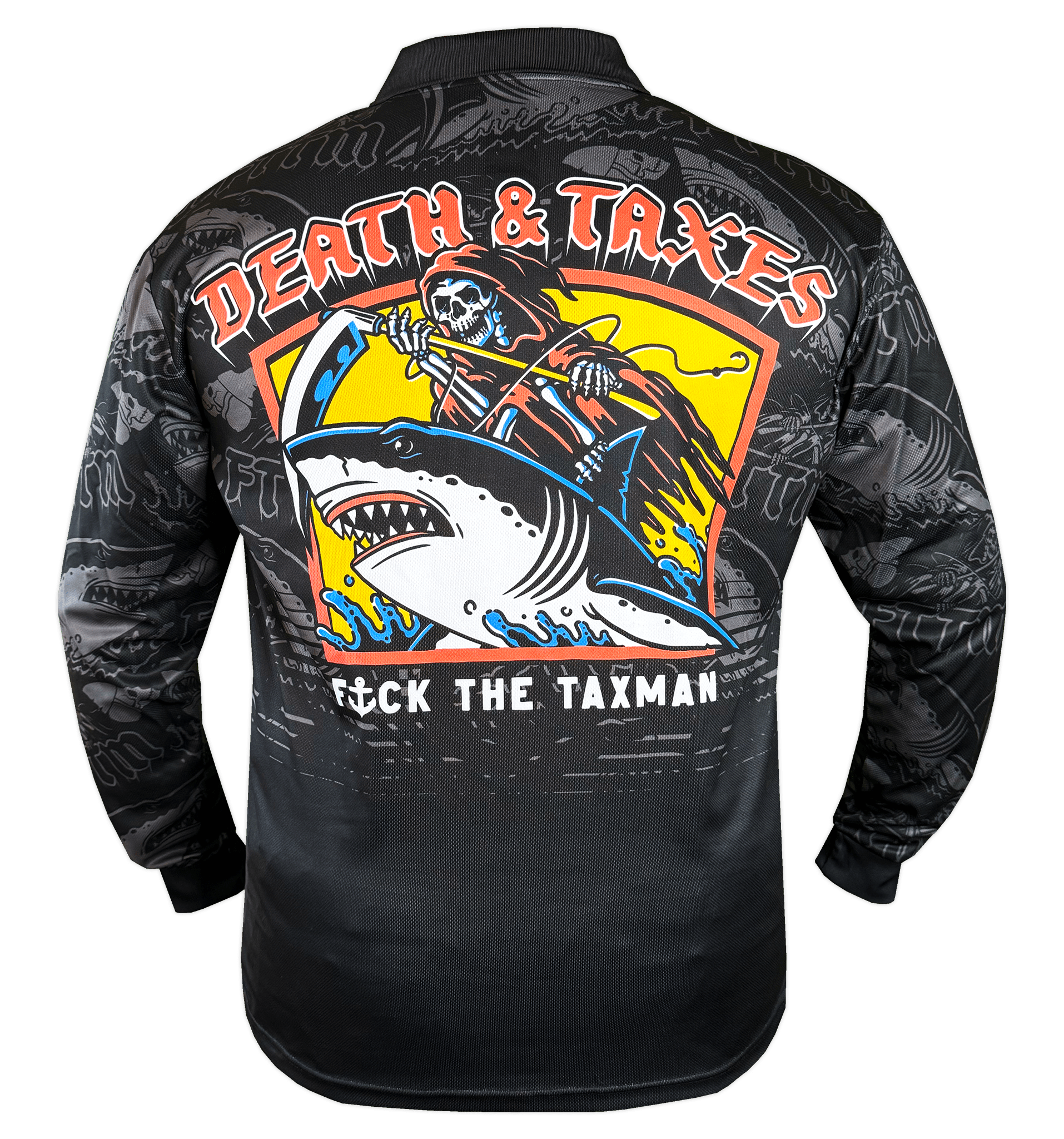 Death & Taxes Fishing Jersey Black. Grim Reaper Riding Shark