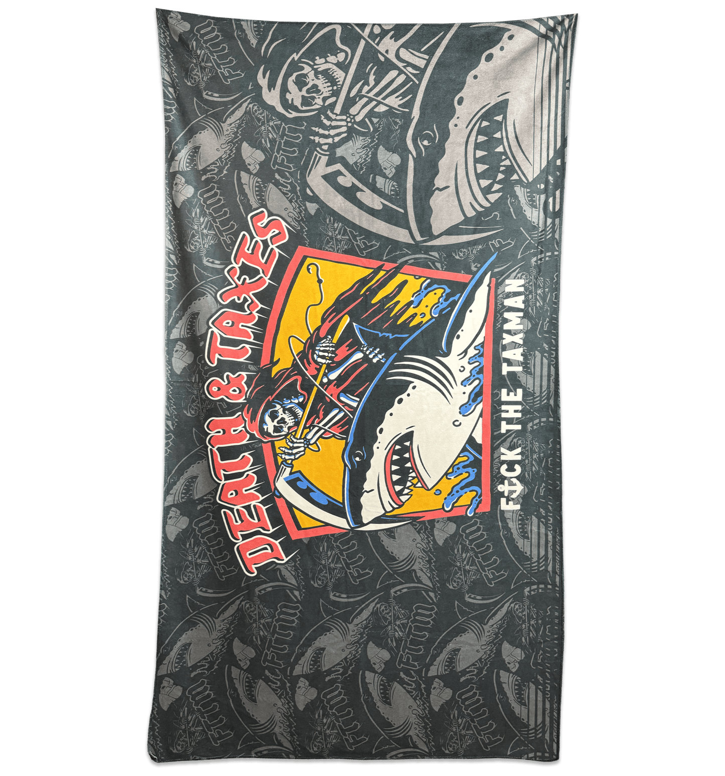 Death & Taxes Beach Towel. Grim Reaper riding shark