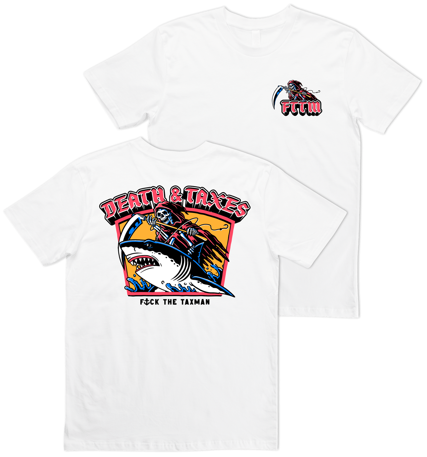 Death & Taxes white T-shirt. Death rising shark