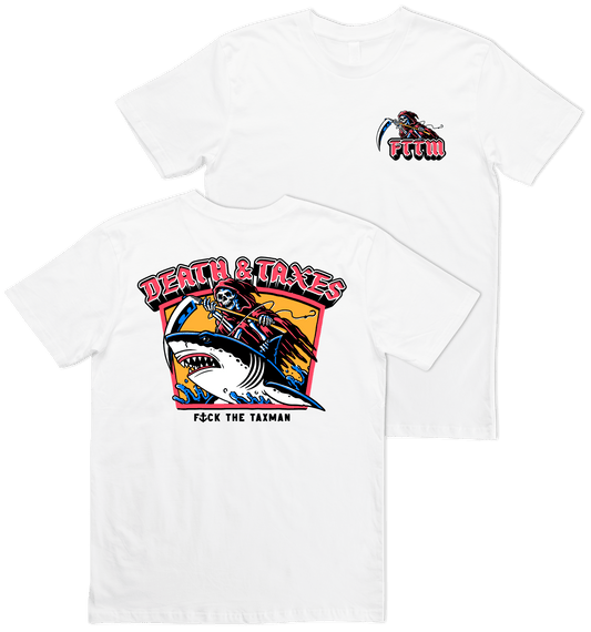 Death & Taxes white T-shirt. Death rising shark