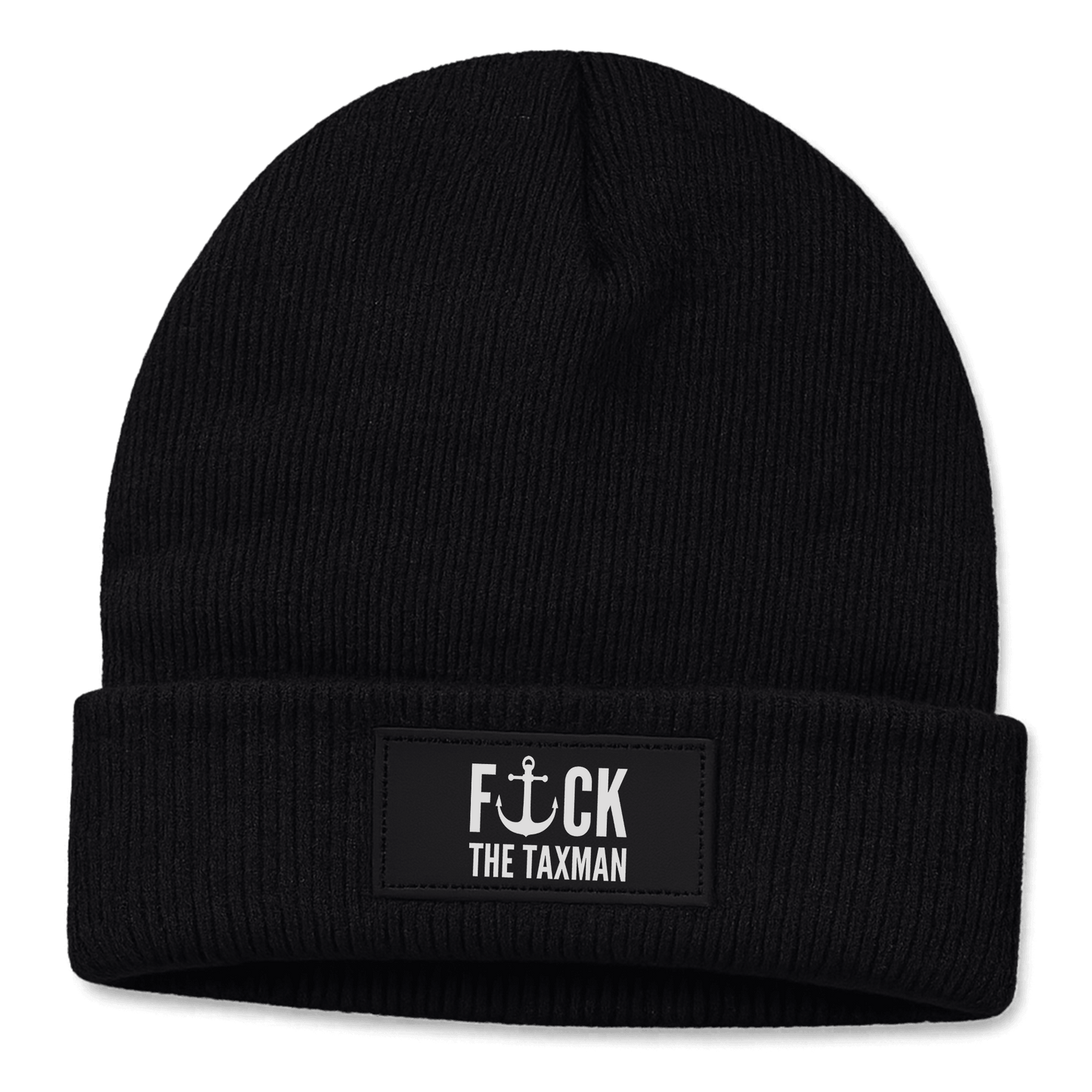 Black beanie with 'F*ck the Taxman' patch on a black background