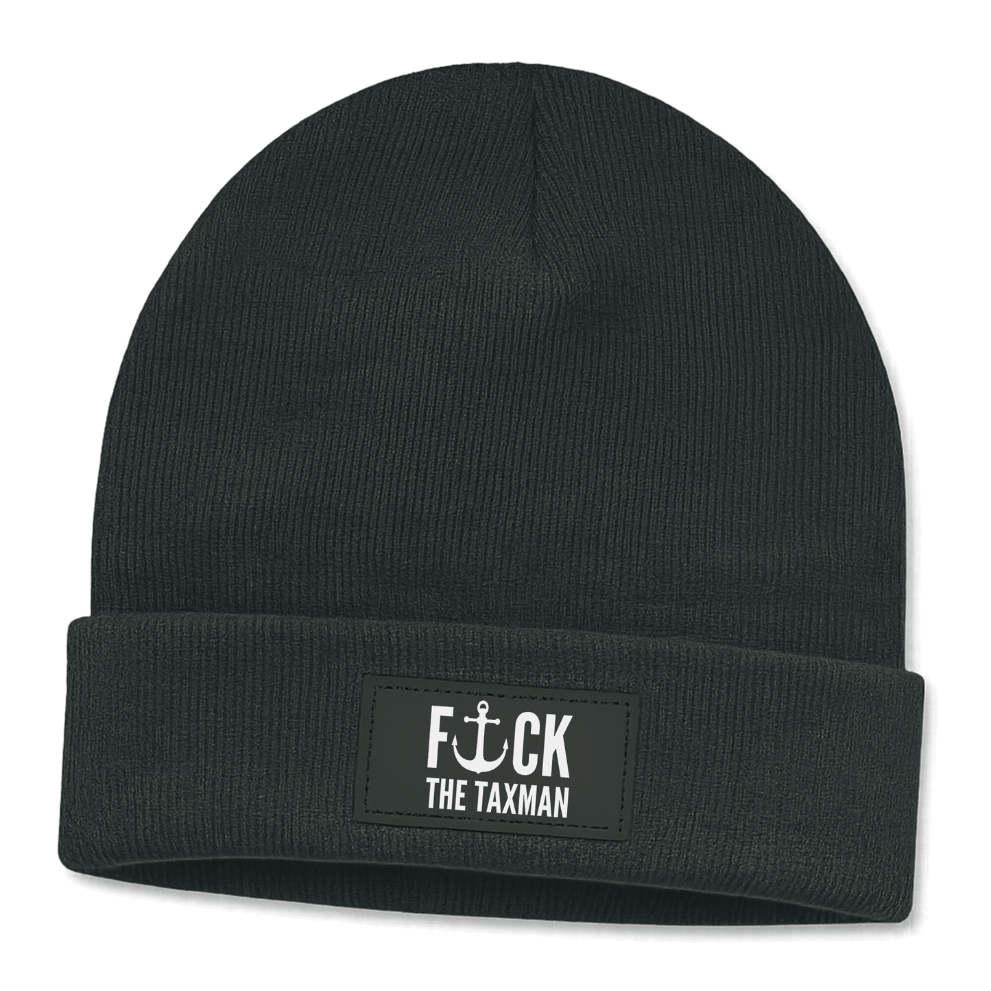 Black beanie with a patch that says 'F*ck the Taxman' on a black background