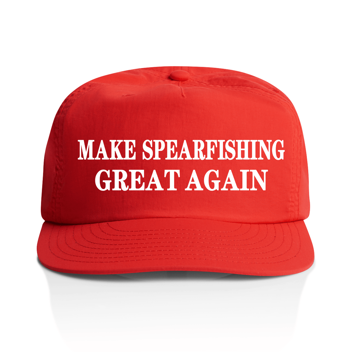 A bright red baseball cap with the phrase 'MAKE SPEARFISHING GREAT AGAIN' printed in bold white capital letters across the front, shown on a clean white background.