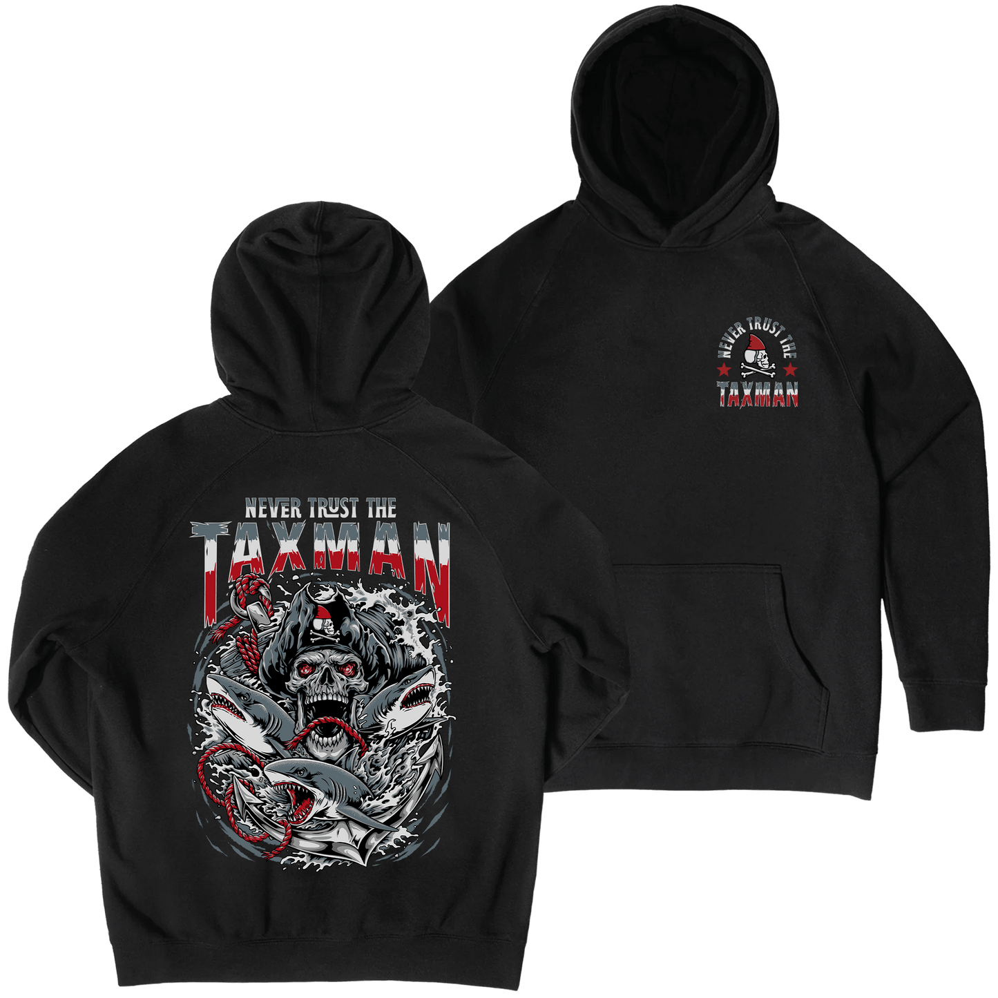 Two black hoodies shown on a white background, with the front and back views overlapping. The front hoodie has a small circular chest graphic featuring a skull and the words 'NEVER TRUST THE TAXMAN.