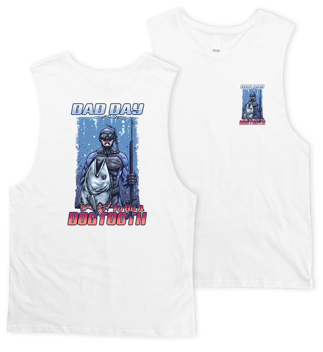 Spearfishing Singlet. Dogtooth Tuna, Speargun & Spear fisherman. Bad Day To Be a Dogtooth White Tank Top / Muscle Shirt
