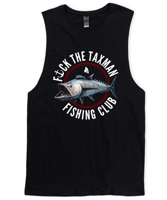 Black Mackerel Fishing Muscle Tee. Fishing Club Fish Tank Top