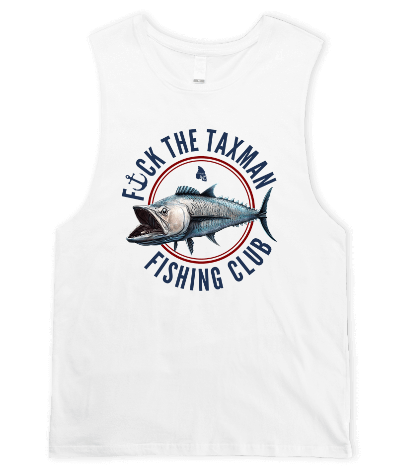 Mackerel Fishing White Muscle Tee. Fishing Club Fish Tank Top