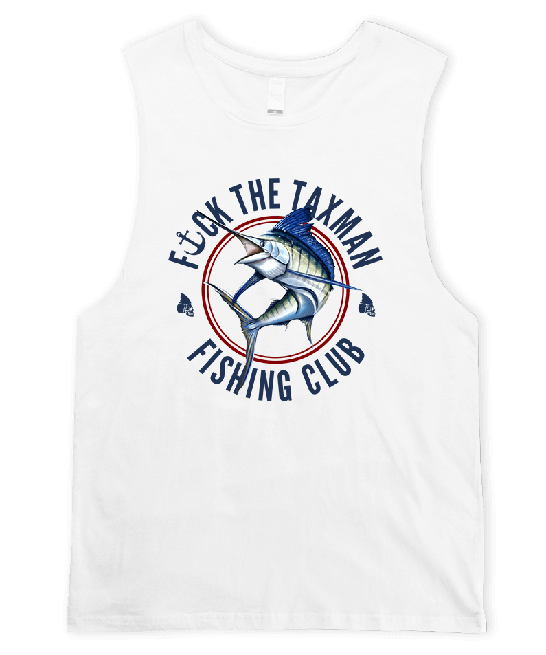 Marlin White Tank Top. Blue Marlin Singlet. Fishing Club Taxman