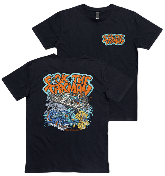Black Fishing T-shirt. Shark Taxing Marin, fishing boat tee