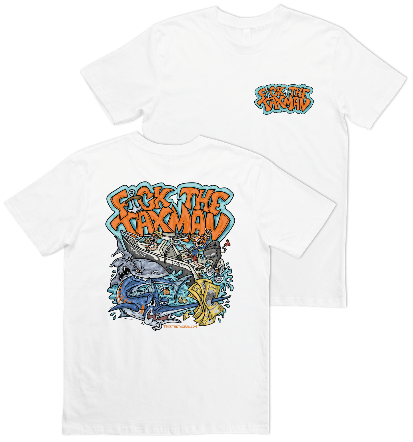 White Fishing T-shirt. Shark Taxing Marin, fishing boat tee