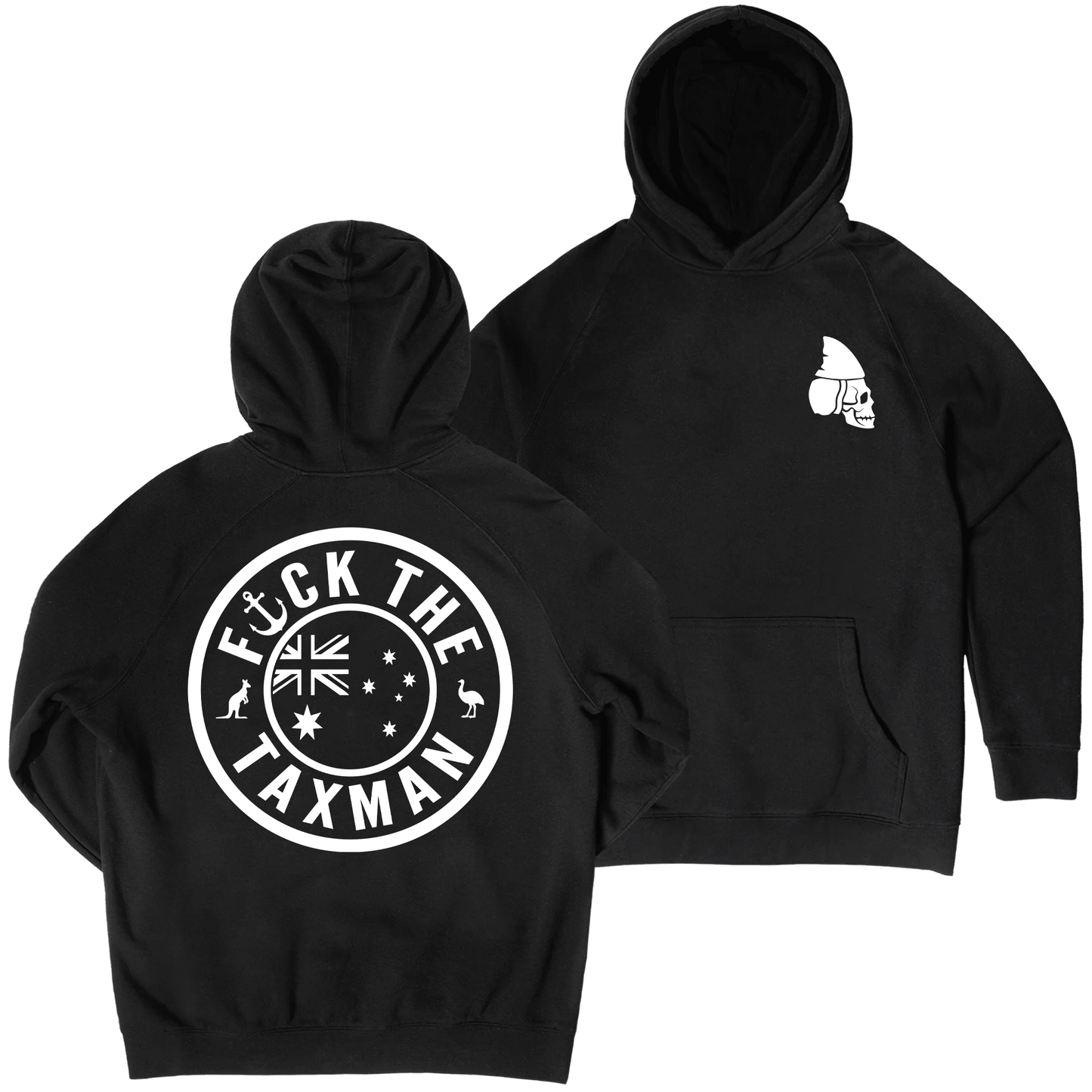 Two black hoodies shown on a white background, with the back view in front and the front view behind. The back hoodie has a large white circular graphic reading “F*CK THE TAXMAN” with Australian flag and kangaroo/rat motifs.