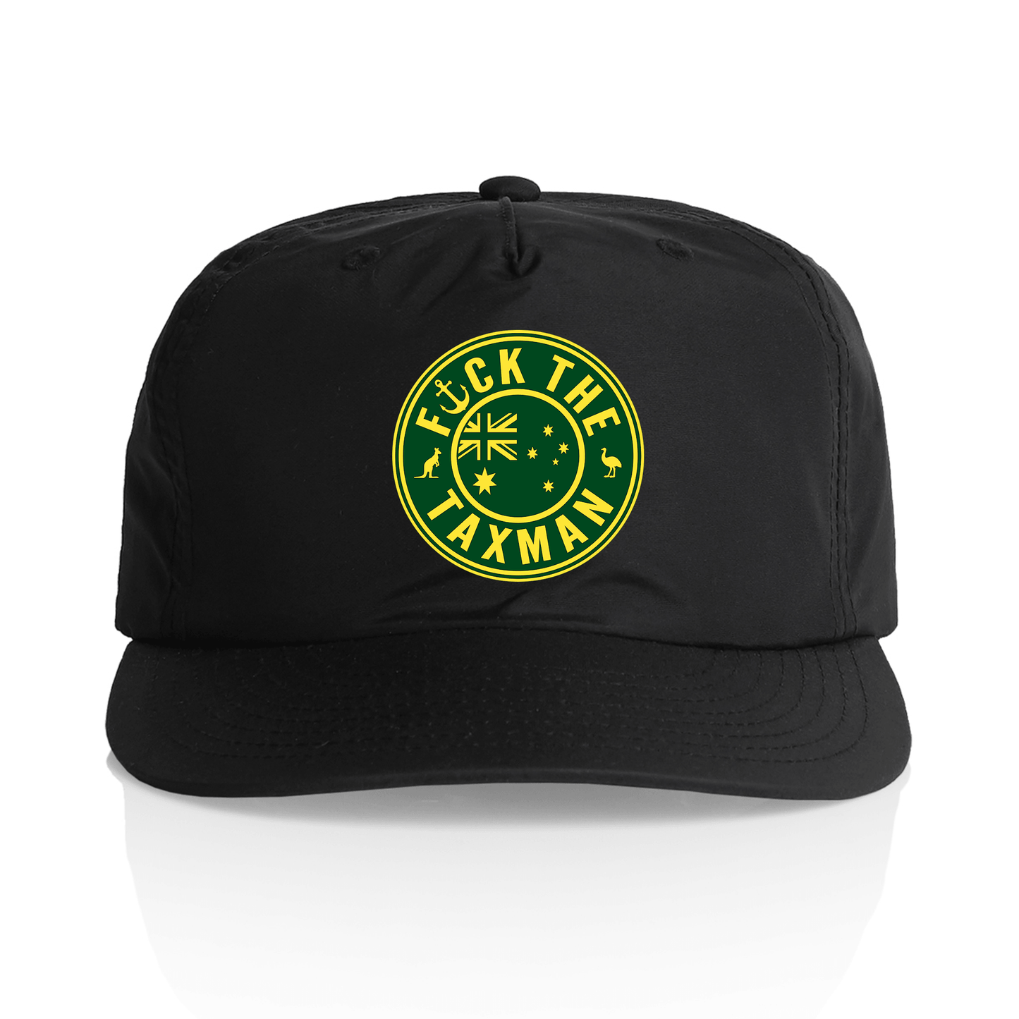 A black quick dry baseball cap with a green & gold circular graphic on the front featuring a stylized Australian flag, kangaroo and emu with the text F*CK THE TAXMAN, shown against a clean white background.