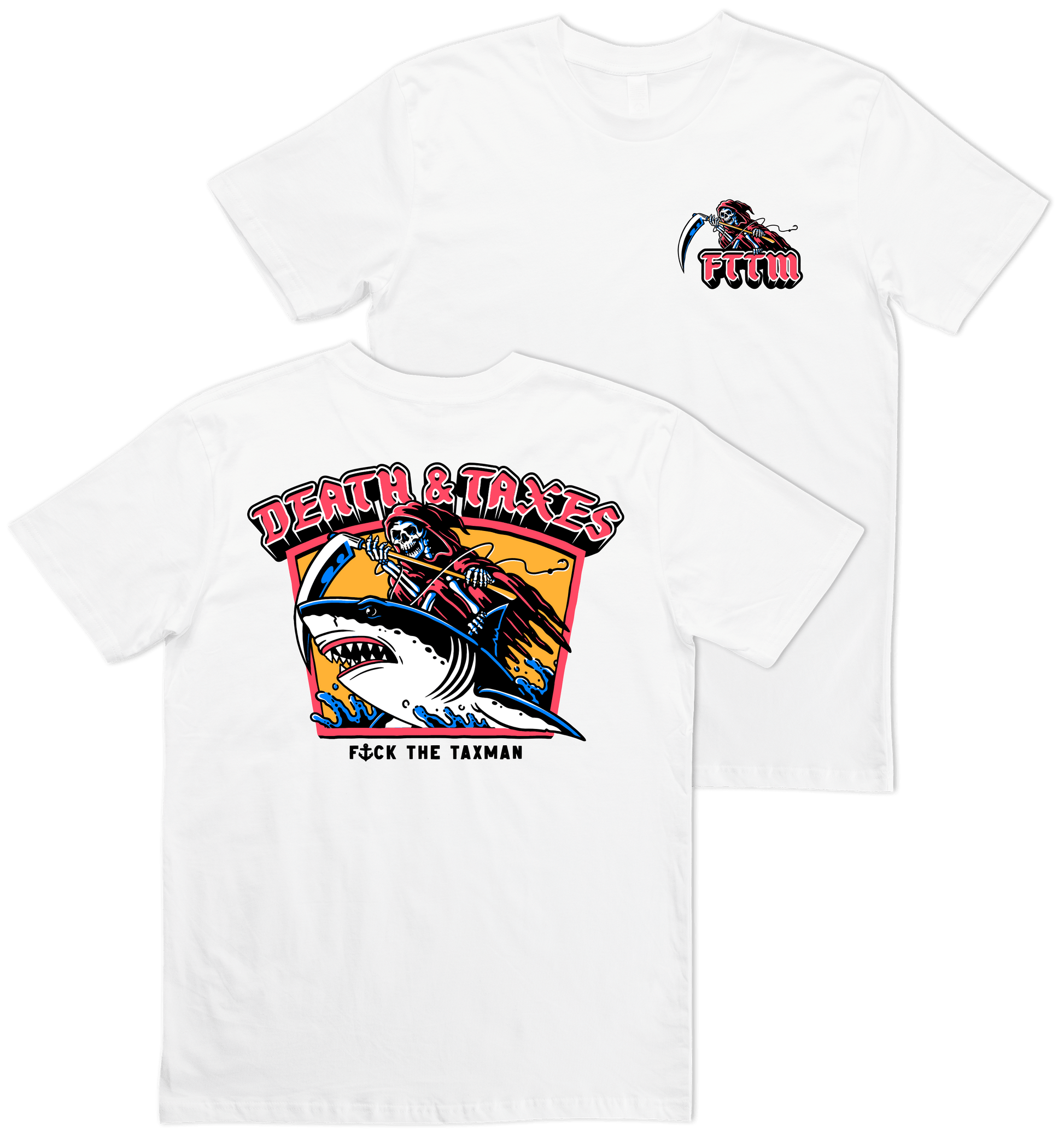 Death & Taxes white T-shirt. Death rising shark