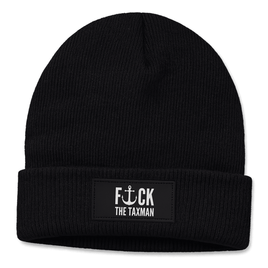 Black beanie with 'F*ck the Taxman' patch on a black background