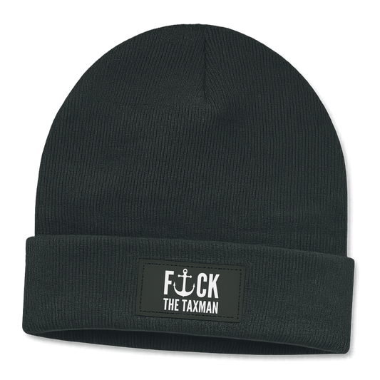 Black beanie with a patch that says 'F*ck the Taxman' on a black background