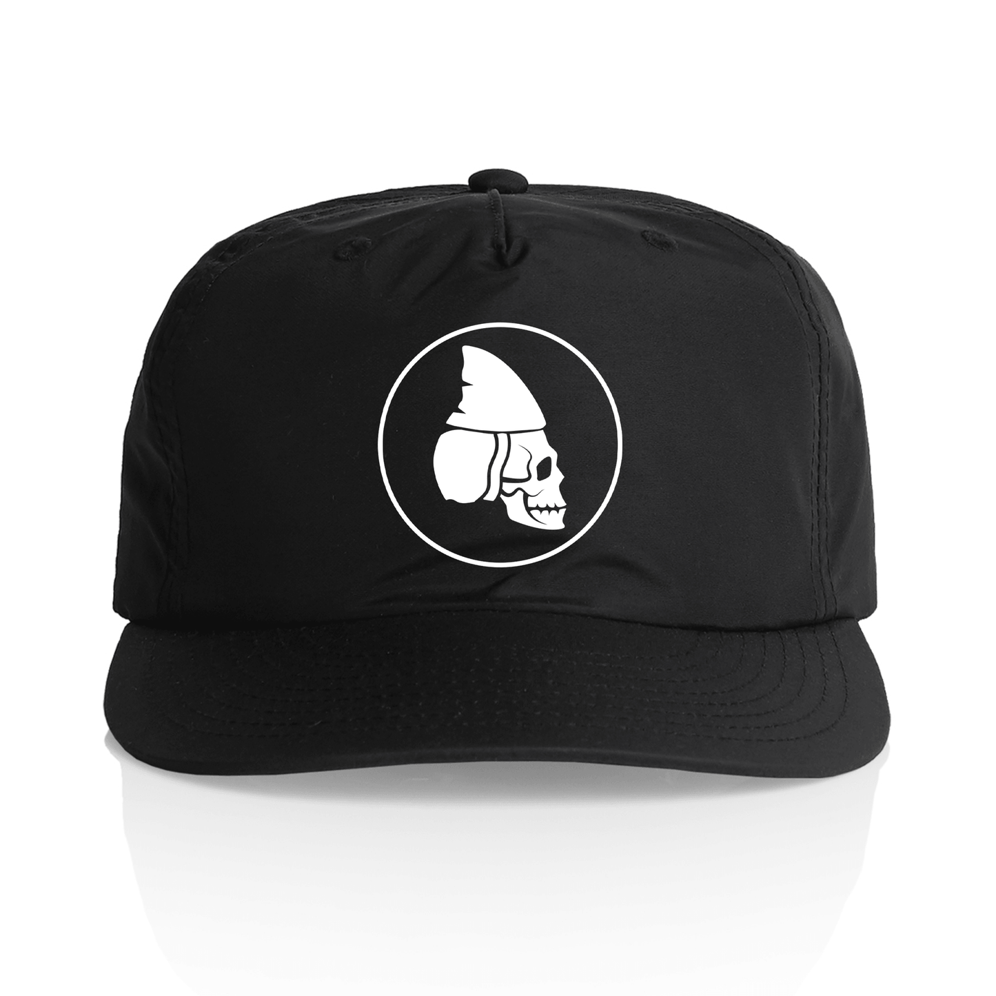 A black quick dry baseball cap with a white circular graphic on the front featuring a stylized skull wearing a shark fin helmet, shown against a clean white background.
