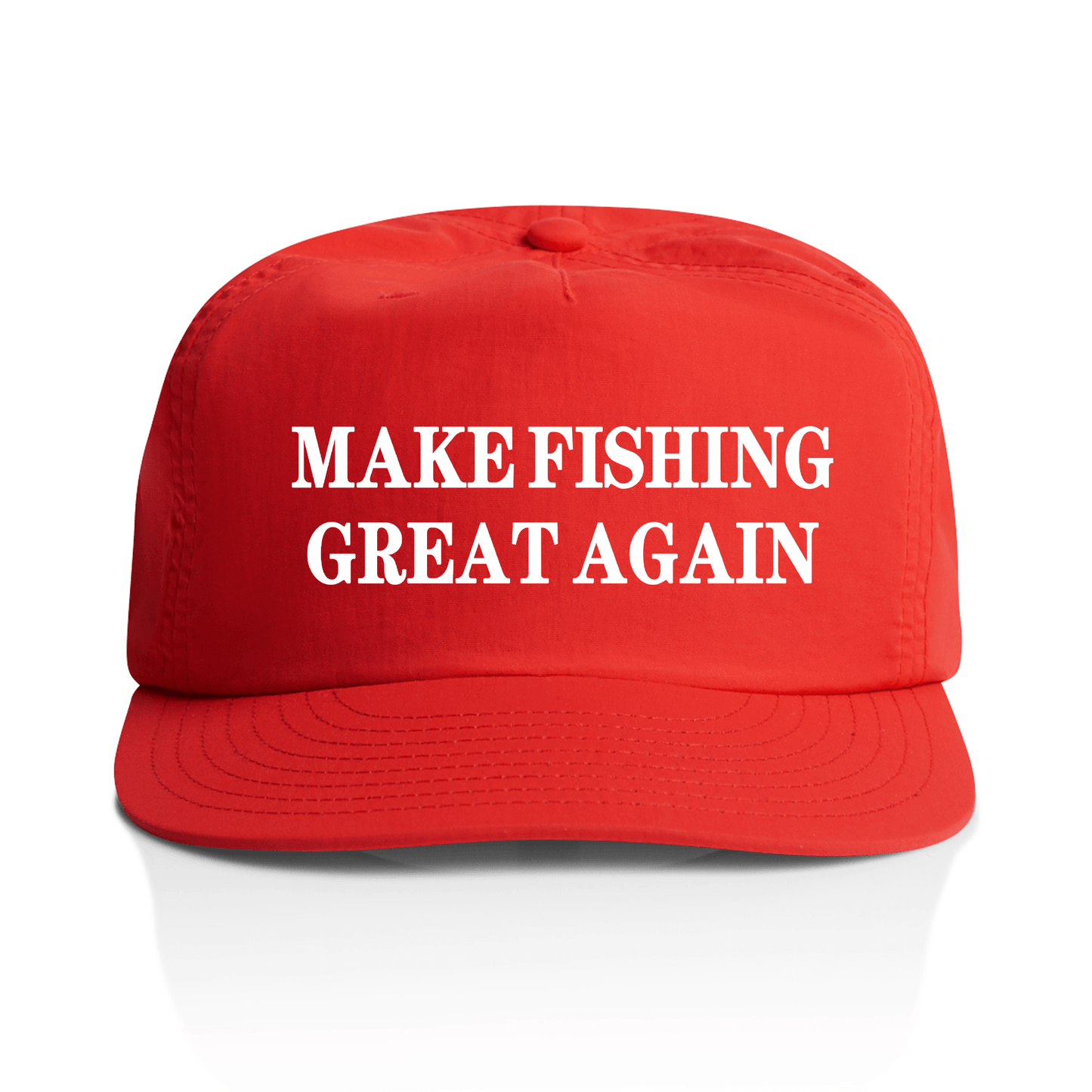 A bright red baseball cap with the phrase 'MAKE FISHING GREAT AGAIN' printed in bold white capital letters across the front, shown on a clean white background.