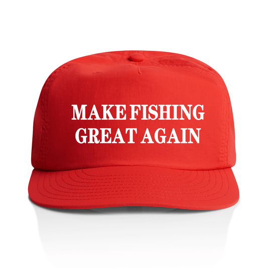 A bright red baseball cap with the phrase 'MAKE FISHING GREAT AGAIN' printed in bold white capital letters across the front, shown on a clean white background.