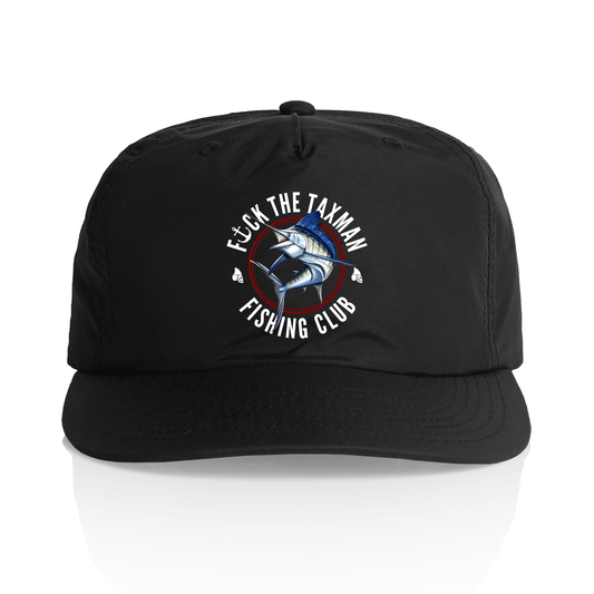 A black baseball cap with a curved brim, featuring a circular embroidered graphic on the front. The graphic shows a marlin with the text 'F*CK THE TAXMAN FISHING CLUB' in white.