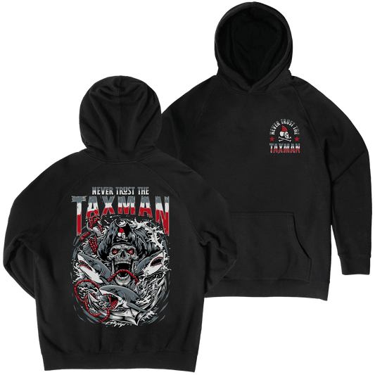 Two black hoodies shown on a white background, with the front and back views overlapping. The front hoodie has a small circular chest graphic featuring a skull and the words 'NEVER TRUST THE TAXMAN.