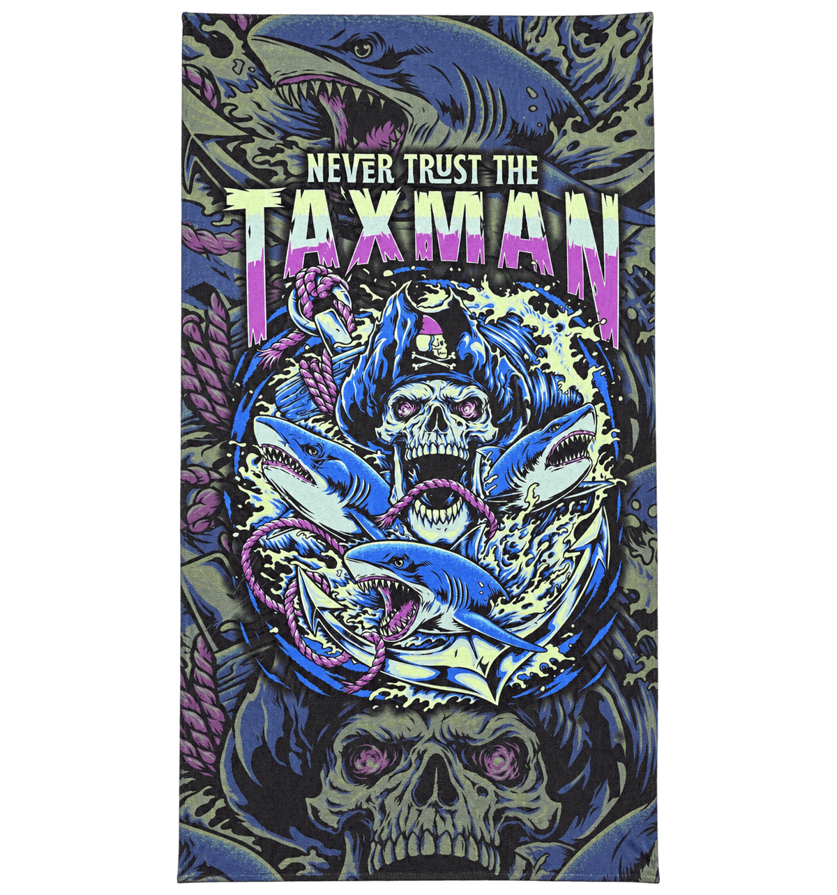 Large microfibre towel with sharks, a skull, ropes, and the text 'NEVER TRUST THE TAXMAN'. The artwork uses blue, purple, black, and green tones