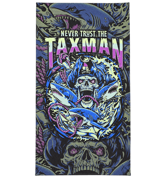 Large microfibre towel with sharks, a skull, ropes, and the text 'NEVER TRUST THE TAXMAN'. The artwork uses blue, purple, black, and green tones