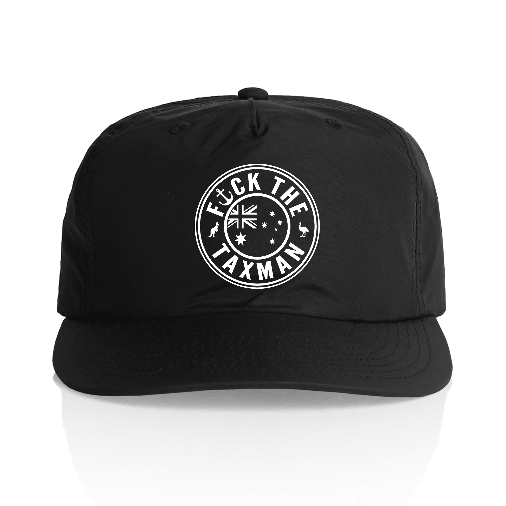 A black quick dry baseball cap with a white circular graphic on the front featuring a stylized Australian flag, kangaroo and emu with the text F*CK THE TAXMAN, shown against a clean white background.