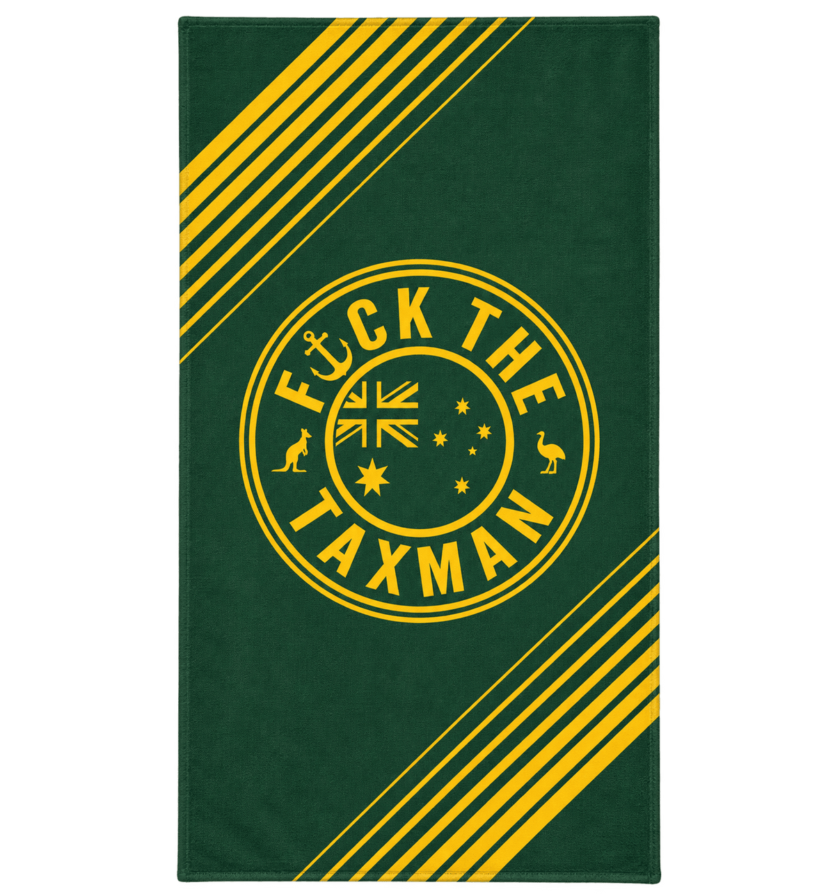 A rectangular dark green towel featuring a bold yellow graphic with diagonal stripe accents and a central circular emblem containing the text 'F*CK THE TAXMAN' and Australian flag motifs, shown against a black background.