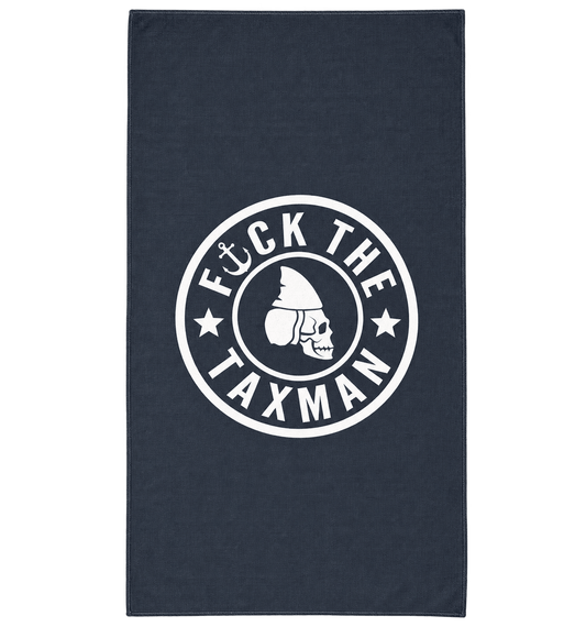 A black microfiber towel with a white text and graphic design that reads 'FK THE TAXMAN' and includes a skull and shark fin symbol.