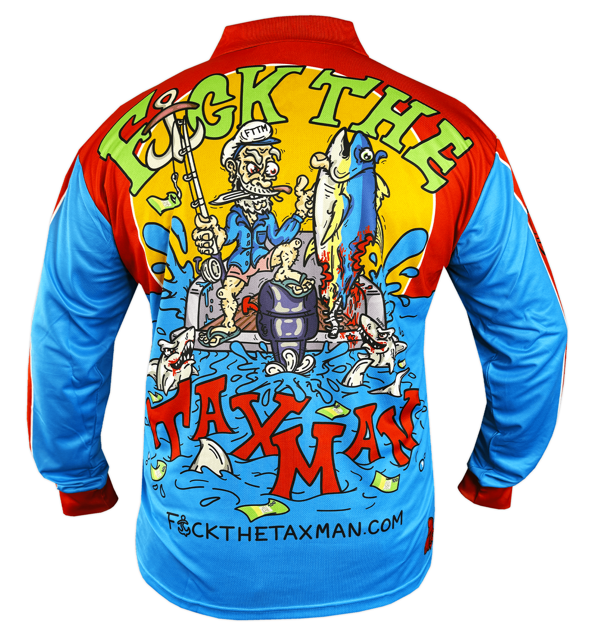 The Taxman Fishing Jersey. Fisherman holding tuna on boat, sharks in the water