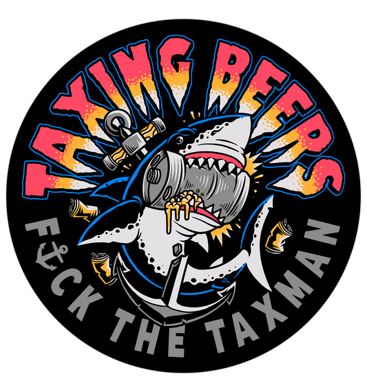 Taxing Beers Sticker. Shark, anchor, beer keg