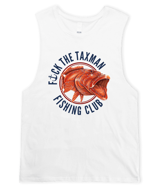 Coral Trout Fishing White muscle tee. Fish on fishing club singlet