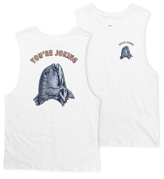 Taxed GT Fishing Muscle Tank Top. Giant Trevally Signet White