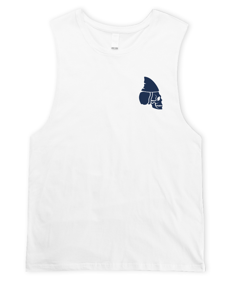 FTTM LOGO White Singlet. Skull Shark Fin Fishing Tank Top