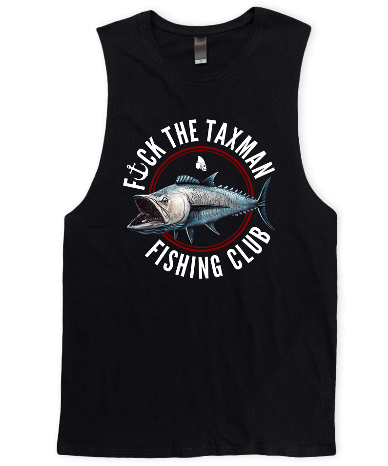 Black Mackerel Fishing Muscle Tee. Fishing Club Fish Tank Top
