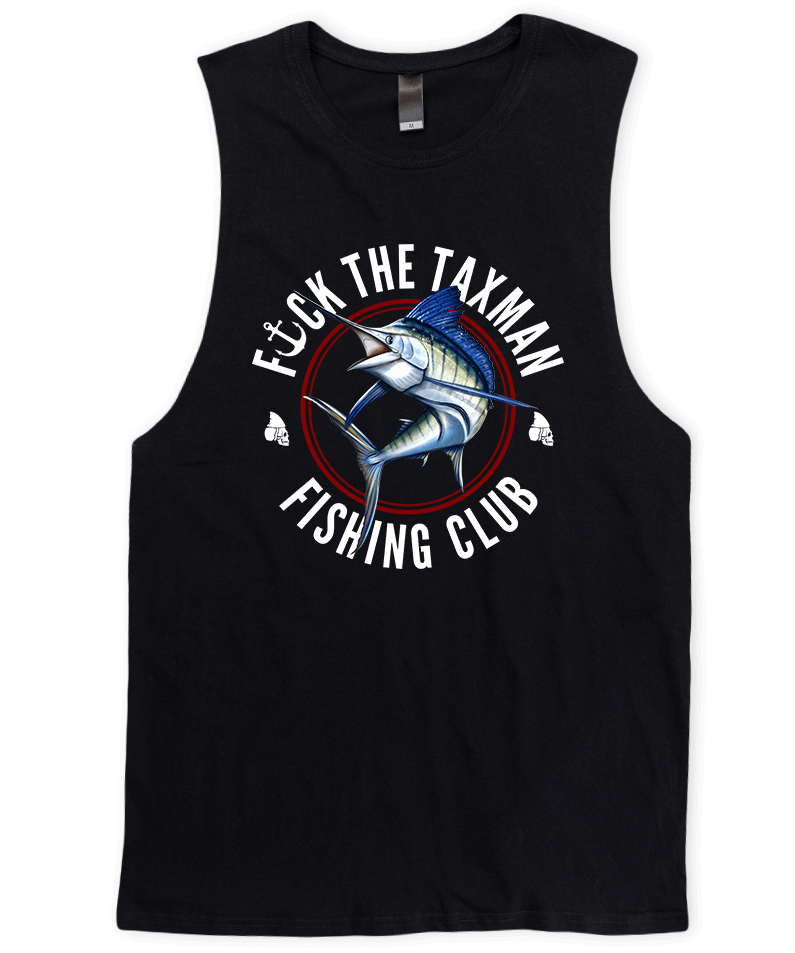 Marlin Black Tank Top. Blue Marlin Singlet. Fishing Club Taxman