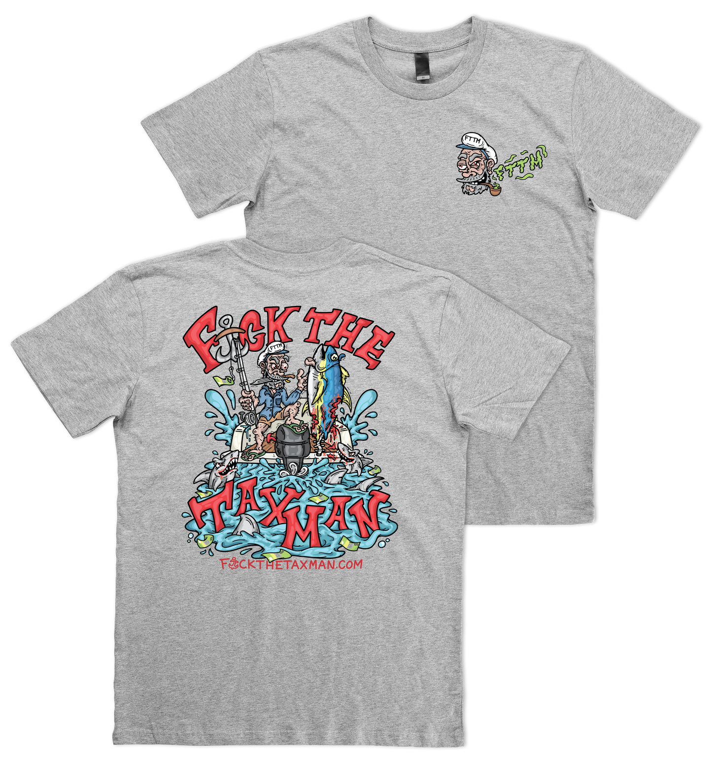 Tuna Fisherman and Sharks T-shirt Grey. Taxman Fishing