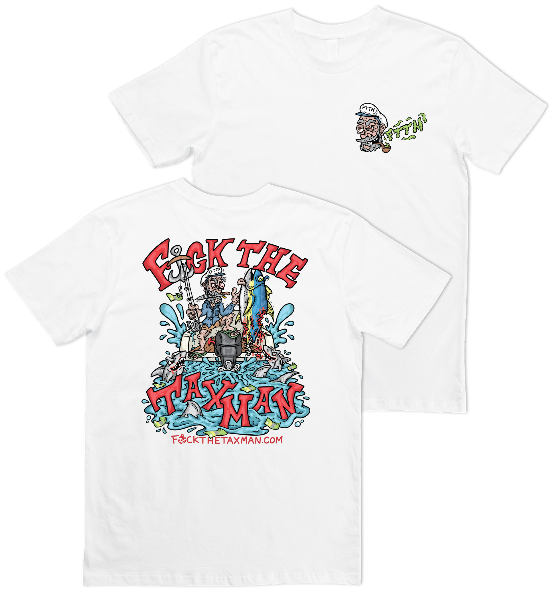 Tuna Fisherman and Sharks T-shirt White. Taxman Fishing