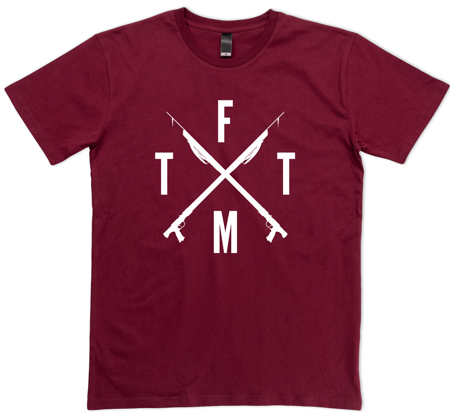 Spearfishing Shirt Maroon. Two Spearguns Crossed FTTM