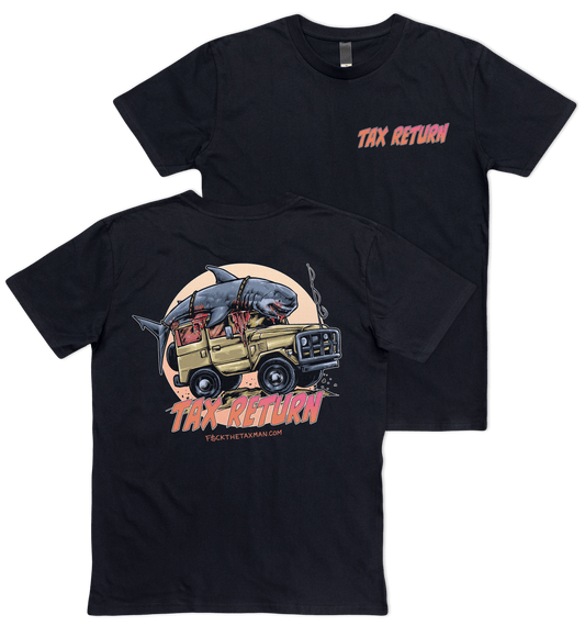 Fishing t-shirt shark on roof of old 4WD car. Black shirt with tax return text