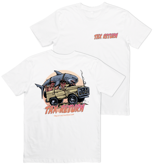 Fishing t-shirt shark on roof of old 4WD car. White shirt with tax return text