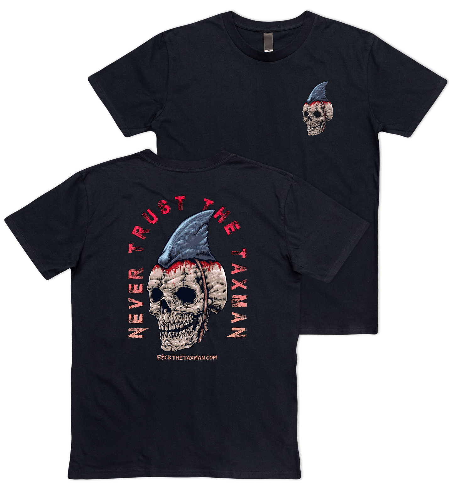 Fishing T-shirt skull with shark fin on head. Black T-shirt, text never trust the taxman. Skull and shark fin
